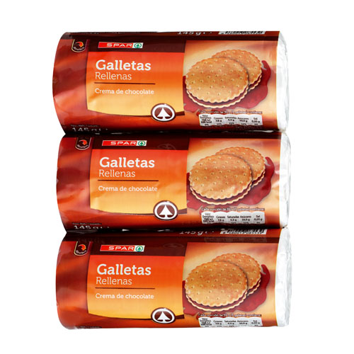 GALLETAS RELLENAS DE CHOCOLATE SPAR 145 GRS. PACK-3