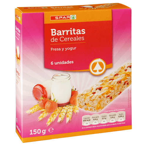 BARRITAS DE CEREALES FRESA Y YOGUR SPAR 6 UND. 150 GRS.