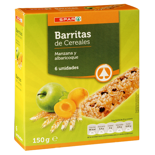 BARRITAS DE CEREALES MANZANA Y ALBARICOQUE SPAR 6 UND. 150 GRS.