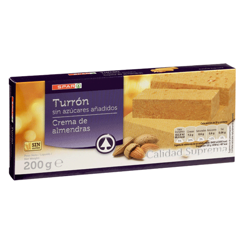 TURRÓN BLANDO SIN AZÚCARES AÑADIDOS SPAR 200 GRS.