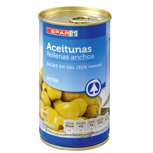 ACEITUNAS RELLENAS DE ANCHOA SPAR BAJAS EN SAL 150 G.