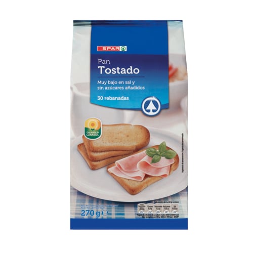 PAN TOSTADO MUY BAJO EN SAL Y SIN AZÚCARES AÑADIDOS SPAR 30 REBANADAS 270 GRS.