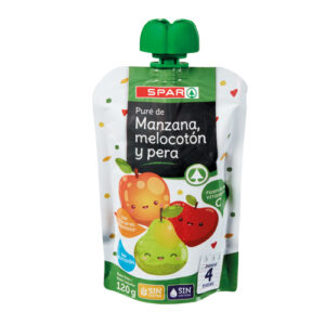 PURÉ DE FRUTAS MANZANA + MELOCOTÓN + PERA SPAR DOYPACK 120 GRS.
