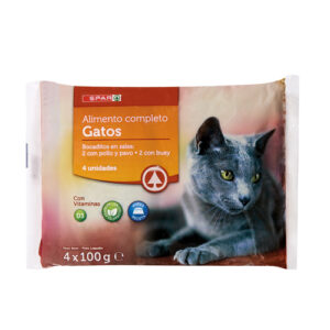 ALIMENTO GATOS BOCADITOS POLLO-PAVO Y BUEY SPAR 4X100 GRS.
