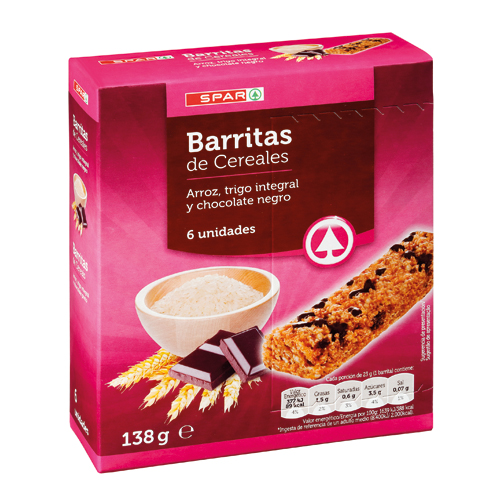 BARRITAS DE CEREALES CON TRIGO INTEGRAL Y CHOCOLATE NEGRO SPAR 6 UND. 129 GRS.