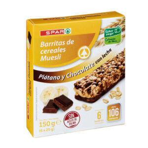BARRITAS DE CEREALES MUESLI PLÁTANO Y CHOCOLATE CON LECHE SPAR 6 UND. 150 GRS.
