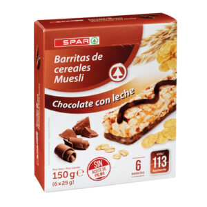 BARRITAS DE CEREALES MUESLI CHOCOLATE CON LECHE SPAR 6 UND. 150 GRS.