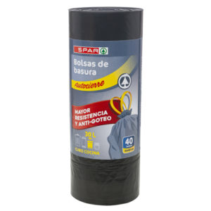 BOLSA BASURA MEDIA DENSIDAD AUTOCIERRE GRIS-NEGRA SPAR 55X60 30 LT. 40 UND.