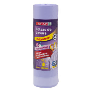 BOLSA BASURA MEDIA DENSIDAD AUTOCIERRE PERFUMADA SPAR 55X60 30 LT. 20 UND.