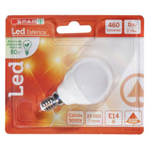 BOMBILLA LED SPAR ESFÉRICA CÁLIDA 6W E14