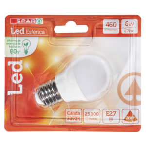 BOMBILLA LED SPAR ESFÉRICA CÁLIDA 6W E27