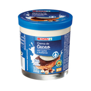 CREMA DE CACAO CON LECHE Y AVELLANAS 2 SABORES SPAR 210 GRS.