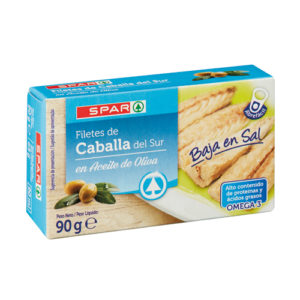 FILETES DE CABALLA DEL SUR SPAR EN ACEITE DE OLIVA BAJA EN SAL LATA 90 GRS. P.N.