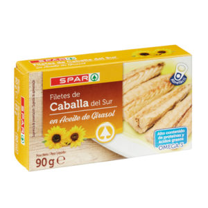 FILETES DE CABALLA DEL SUR SPAR EN ACEITE DE GIRASOL LATA 90 GRS. P.N.