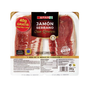 JAMÓN SERRANO GRAN RESERVA SPAR +15 MESES DE CURACIÓN MEDIAS LONCHAS 2X100 GRS.