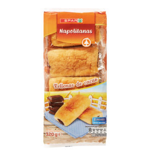 NAPOLITANAS RELLENAS DE CACAO SPAR ENVASE INDIVIDUAL 8 UND. 320 GRS.