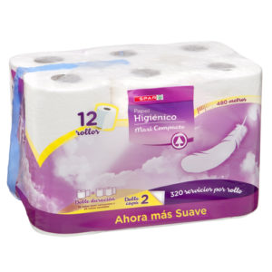 PAPEL HIGIÉNICO SPAR 2 CAPAS DOBLE ROLLO MAXI-COMPACTO PACK-12