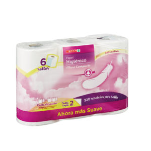 PAPEL HIGIÉNICO SPAR 2 CAPAS DOBLE ROLLO MAXI-COMPACTO PACK-6